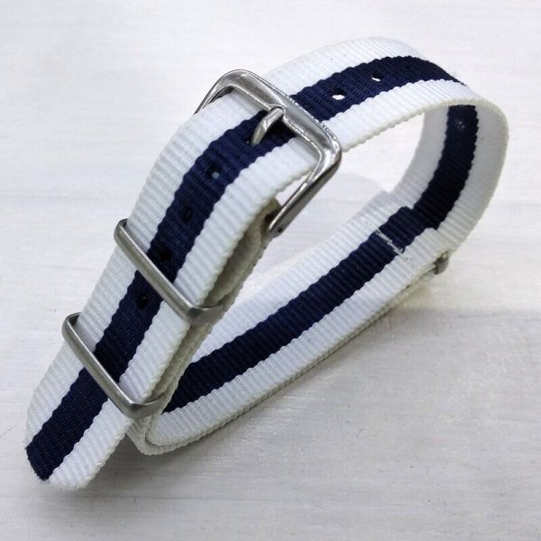 Ремінець тканевий білий з синім, нато 18мм